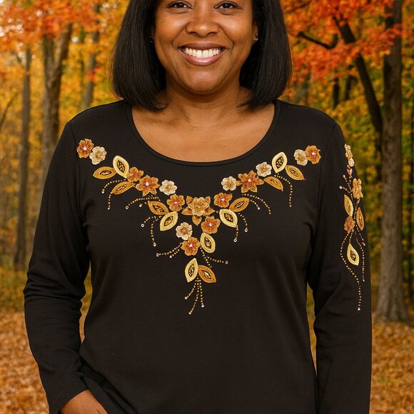 Marquiza Collection Black Long Sleeve Blouse Embroidered Floral Fall Design Boho - Picture 1 of 8